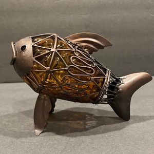 Vintage Amber Glass Metal Fish Aquatic Sculpture Stands On Fins Ocean Sea